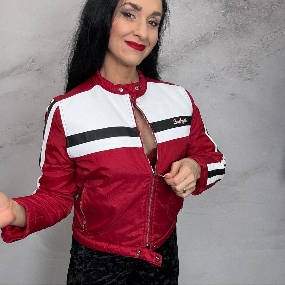 Red and White Bomber Jacket with Stand-Up Collar - Picture 3 of 7